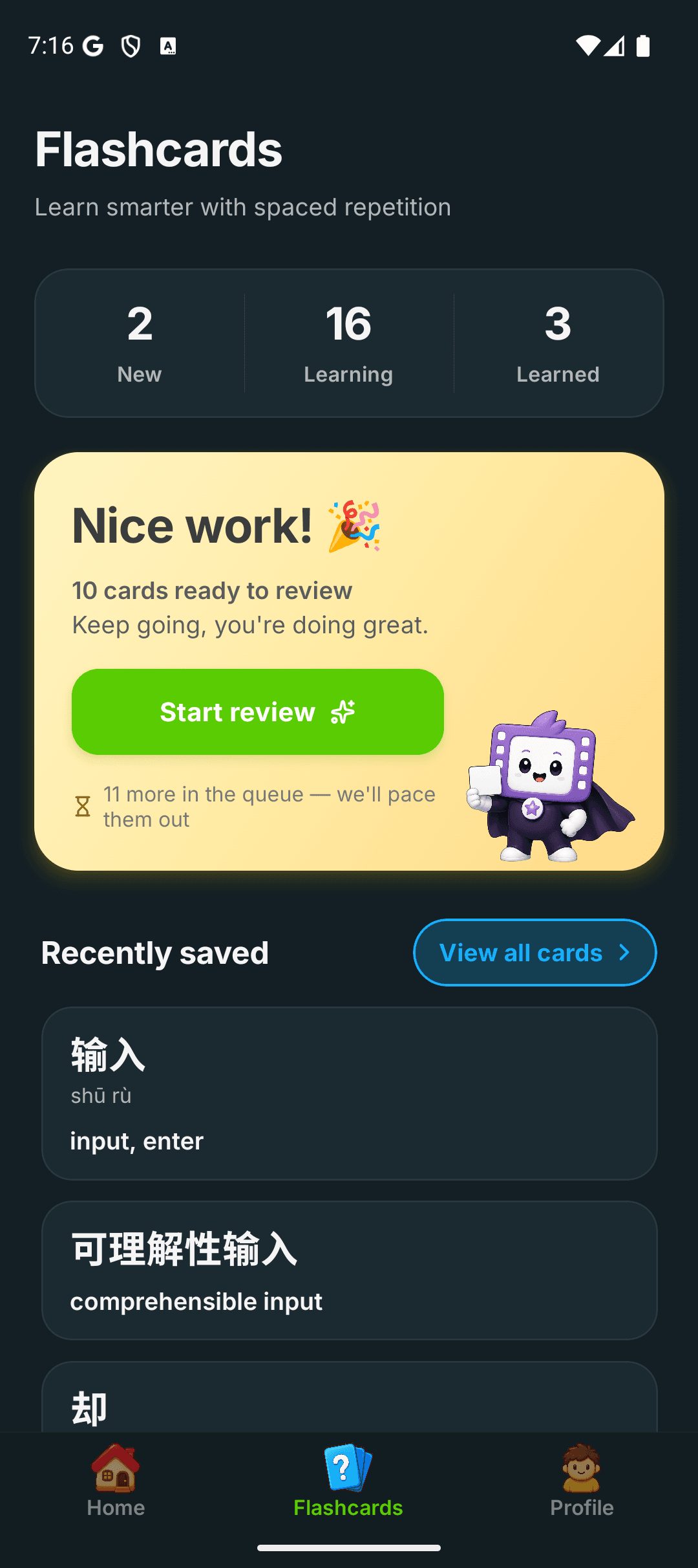 Molingo flashcards with spaced repetition